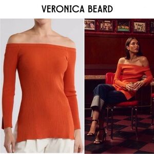 New Veronica Beard Vibrant Orange Derick Ribbed Off Shoulder Sweater Tunic XS